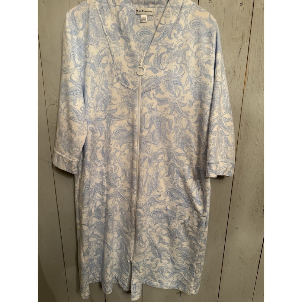 Miss Elaine Quilted Paisley  3/4-Sleeve Full Zip Up Robe Blue Floral Sz-S‎